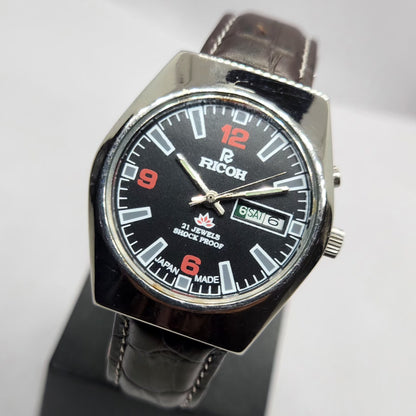 Vintage Ricoh R31 Automatic Black Face New Strap 21 Jewels Day-Date Men's Wrist Watch R89