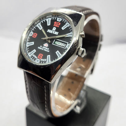 Vintage Ricoh R31 Automatic Black Face New Strap 21 Jewels Day-Date Men's Wrist Watch R89