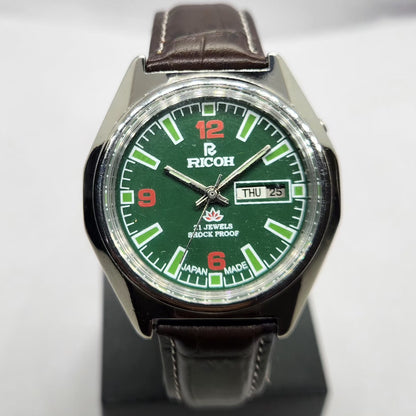 Vintage Ricoh R31 Automatic Green Face New Strap 21 Jewels Day-Date Men's Wrist Watch R90