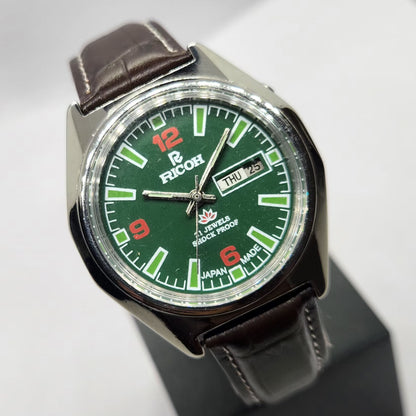 Vintage Ricoh R31 Automatic Green Face New Strap 21 Jewels Day-Date Men's Wrist Watch R90