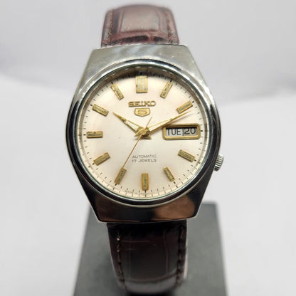 Vintage 1985 Original Seiko 5 Automatic 7009-8980 Cream Face 17 Jewels Day-Date Japanese Men's Wrist Watch SA17