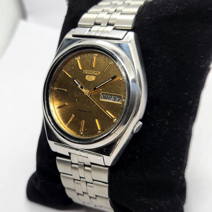 Vintage 1976 Original Seiko 5 Automatic 7009-876J Gold Face 17 Jewels Day-Date Japanese Men's Wrist Watch SA27