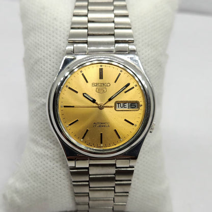 Vintage 1981 Original Seiko 5 Automatic 7009-3171 Gold Face 17 Jewels Day-Date Japanese Men's Wrist Watch SA54
