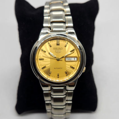Vintage 1980 Original Seiko 5 Automatic 7S26-02R0 Gold Face 21 Jewels Day-Date Japanese Men's Wrist Watch SA60