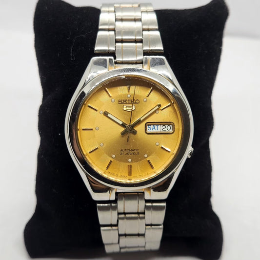 Vintage 1996 Original Seiko 5 Automatic 7S26 Gold Face 21 Jewels Day-Date Japanese Men's Wrist Watch SA63