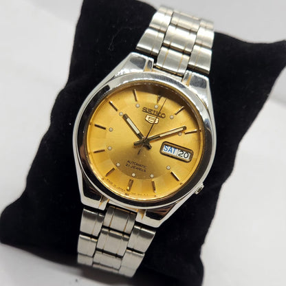 Vintage 1980 Original Seiko 5 Automatic 7S26 Gold Face 21 Jewels Day-Date Japanese Men's Wrist Watch SA63