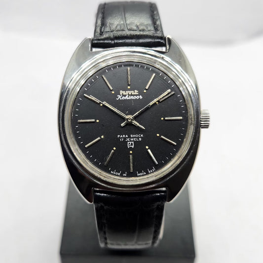 Vintage Original HMT Kohinoor Hand Winding 17 Jewels Black Face Men's Wrist Watch HM10