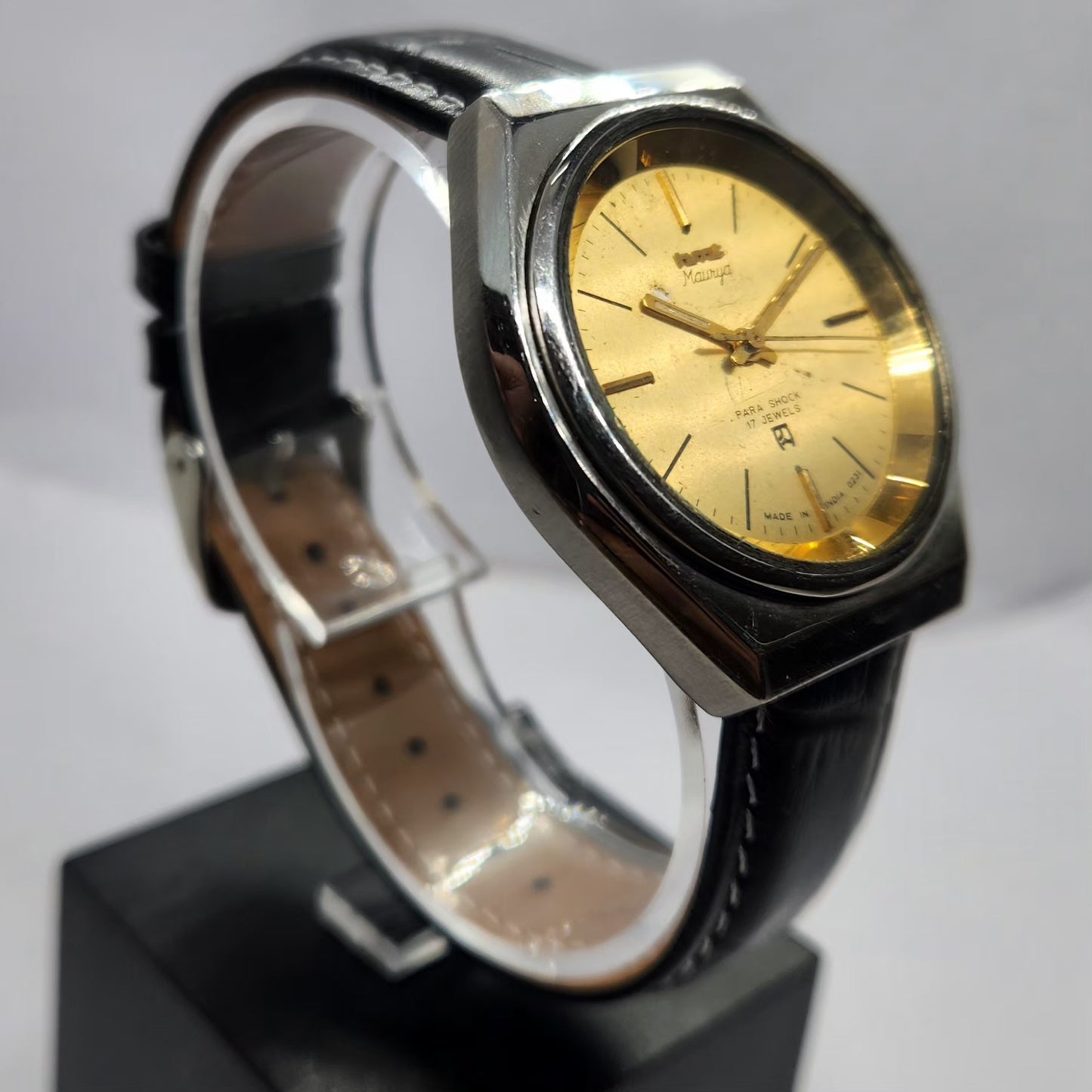 Vintage Original HMT Maurya Hand Winding 17 Jewels Gold Face Men's Wrist Watch HM15