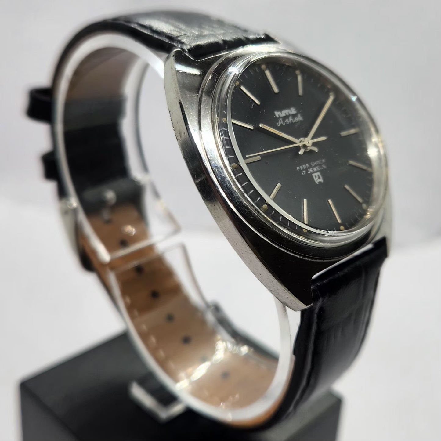 Vintage Original HMT Ashok Hand Winding 17 Jewels Black Face Men's Wrist Watch HM20