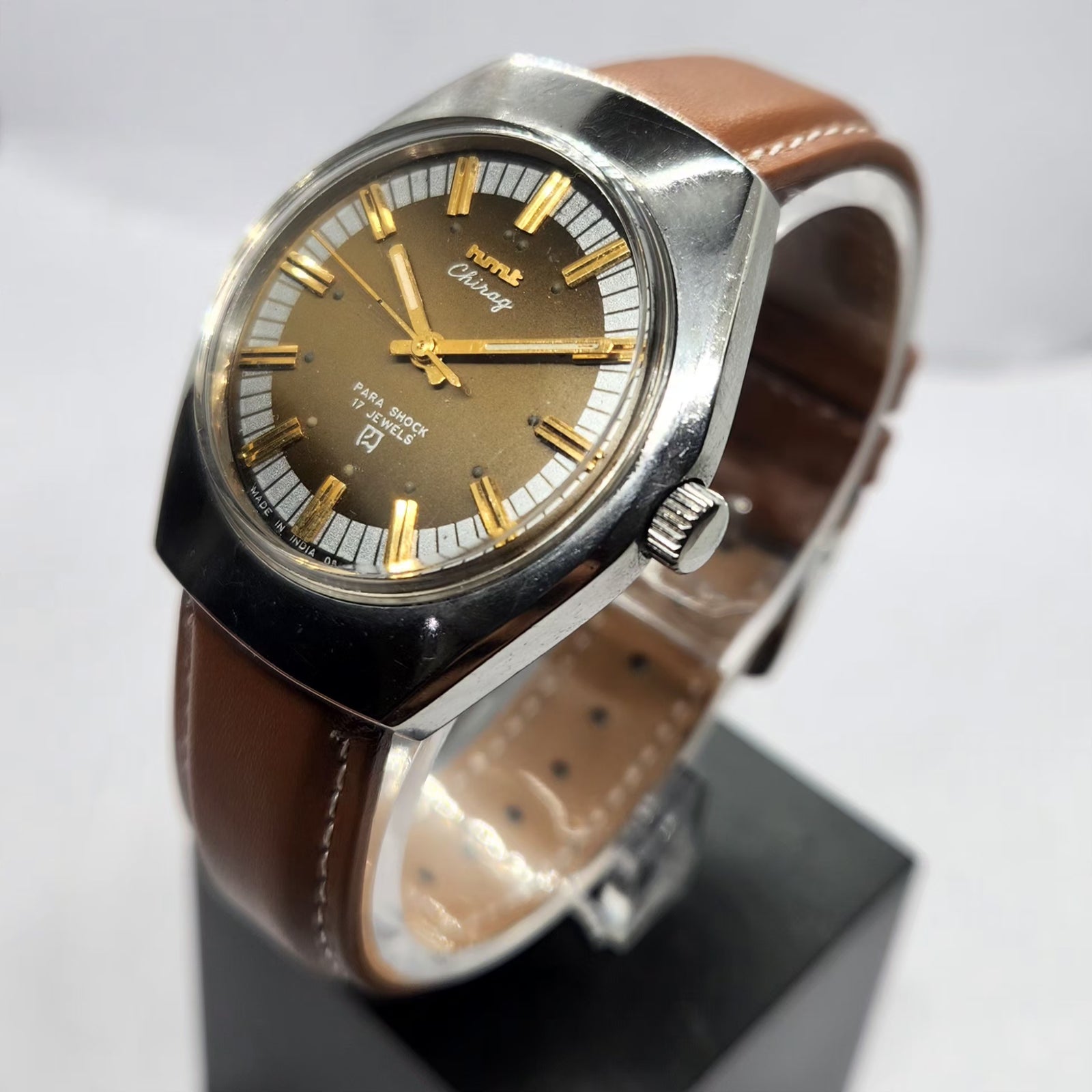 Vintage Original HMT Chirag Hand Winding 17 Jewels Brown Face Men's Wrist Watch HM22