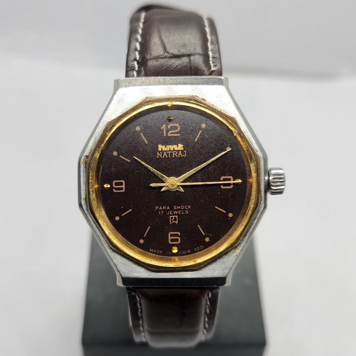 Vintage Original HMT Natraj Hand Winding 17 Jewels Brown Face Men's Wrist Watch HM31