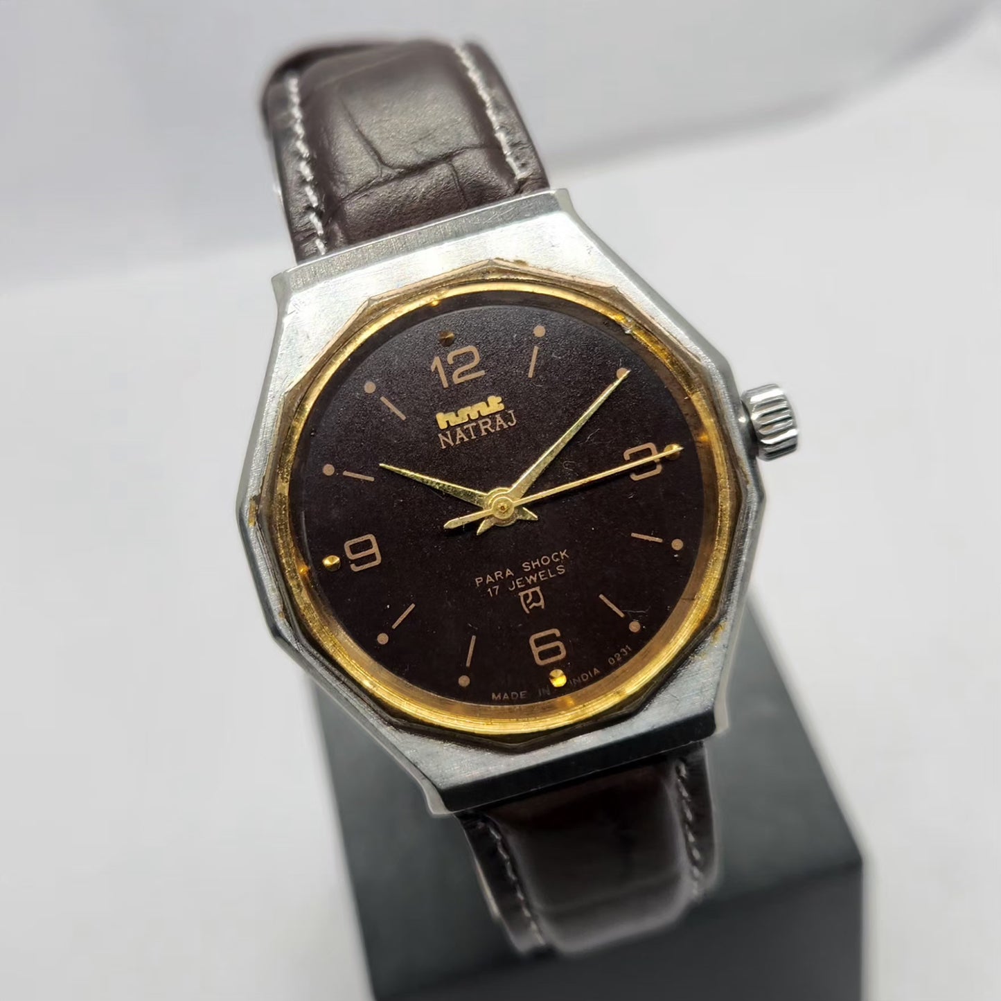 Vintage Original HMT Natraj Hand Winding 17 Jewels Brown Face Men's Wrist Watch HM31