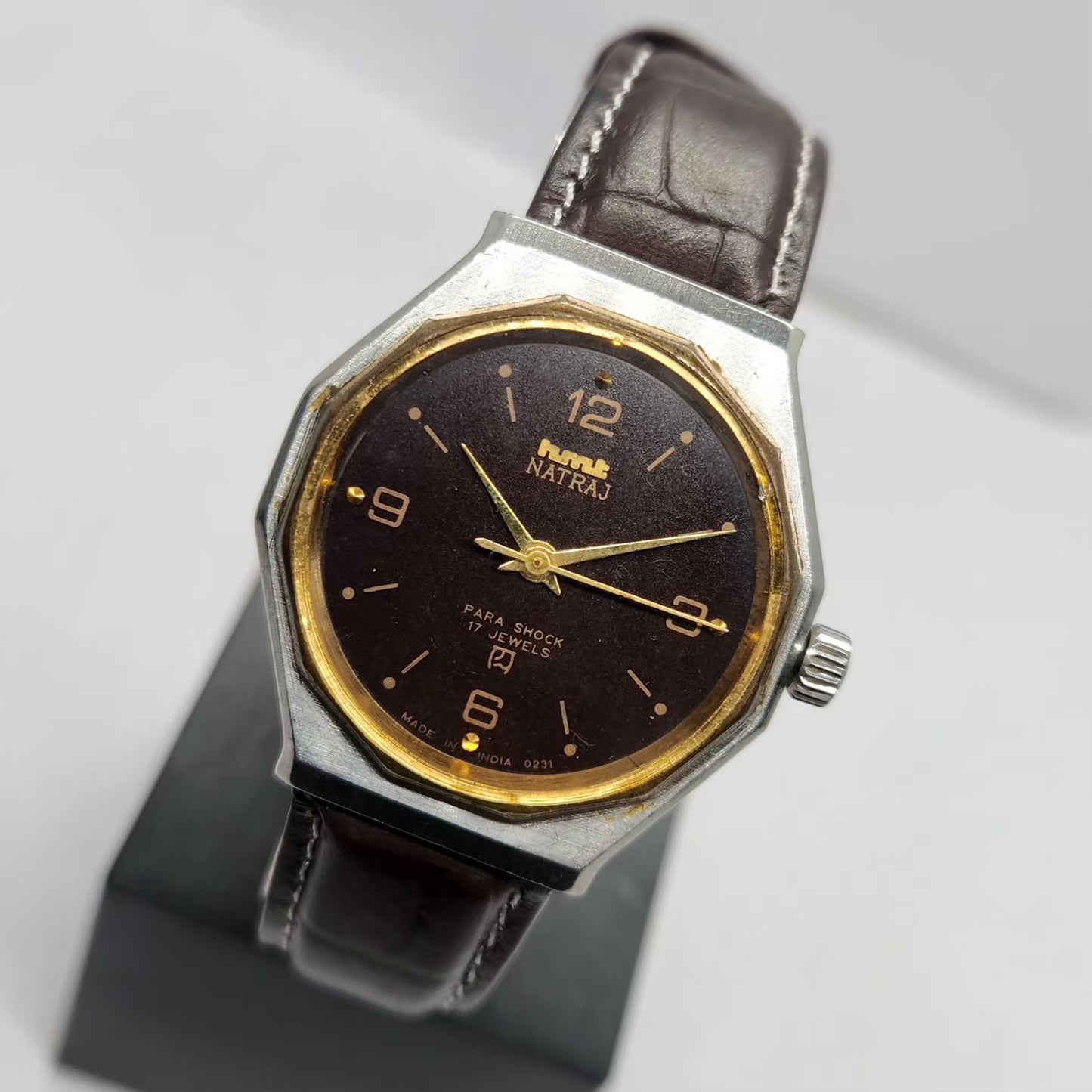 Vintage Original HMT Natraj Hand Winding 17 Jewels Brown Face Men's Wrist Watch HM31