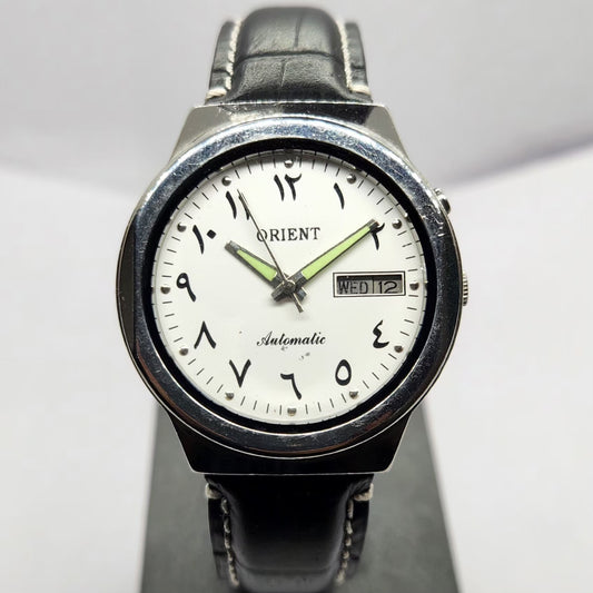Vintage Mod Orient Arabic Automatic 46941 21 Jewels White Face Day-Date Men's Wrist Watch OR05