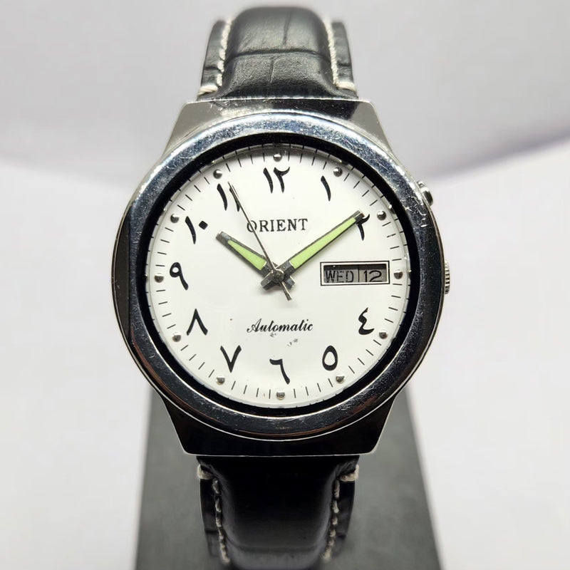Vintage Mod Orient Arabic Automatic 46941 21 Jewels White Face Day-Date Men's Wrist Watch OR05