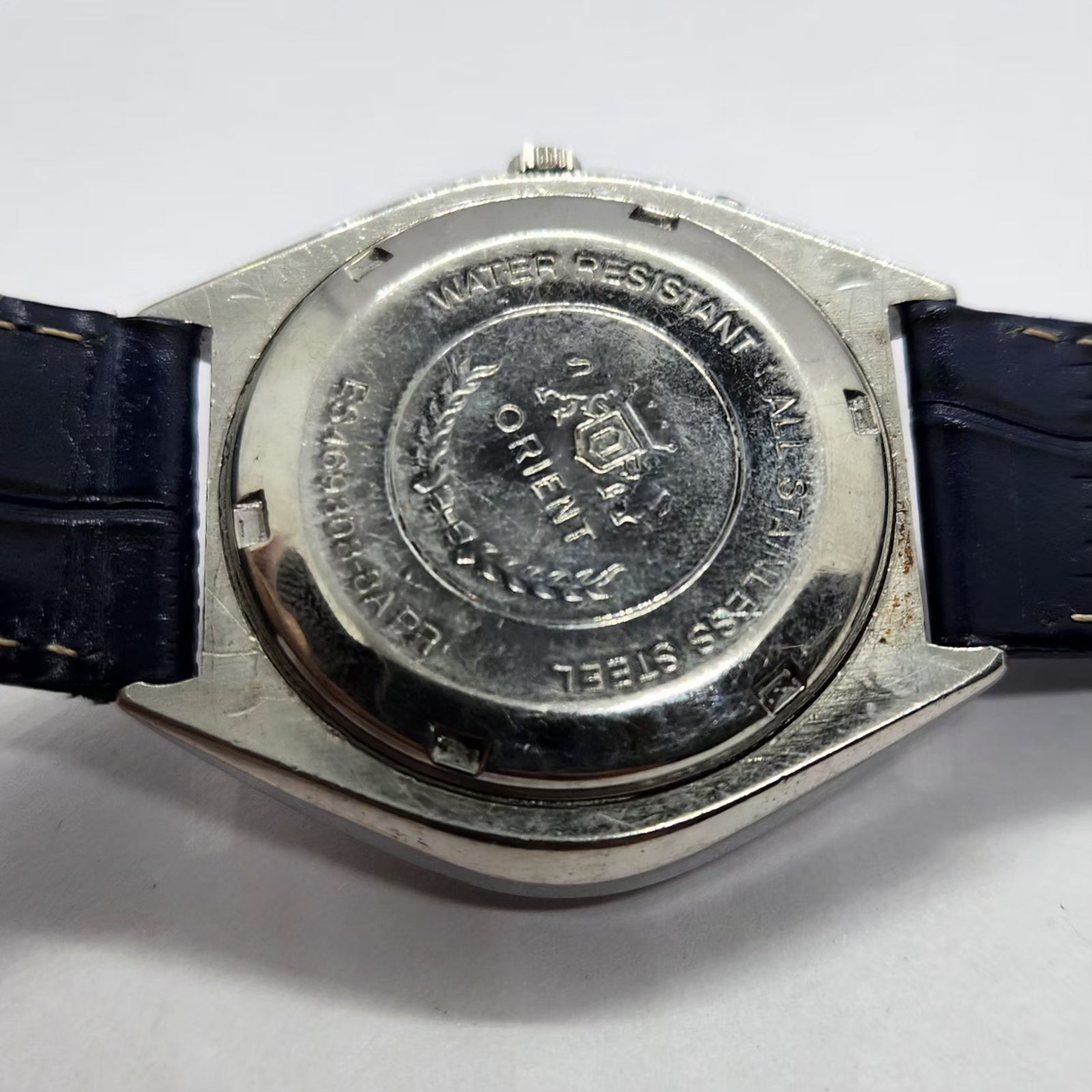 Vintage Mod Orient Automatic 46941 21 Jewels Blue Face Day-Date Men's Wrist Watch OR06