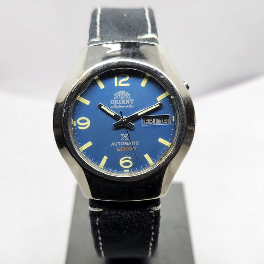 Vintage Mod Orient Automatic 46941 21 Jewels Blue Face Day-Date Men's Wrist Watch OR08