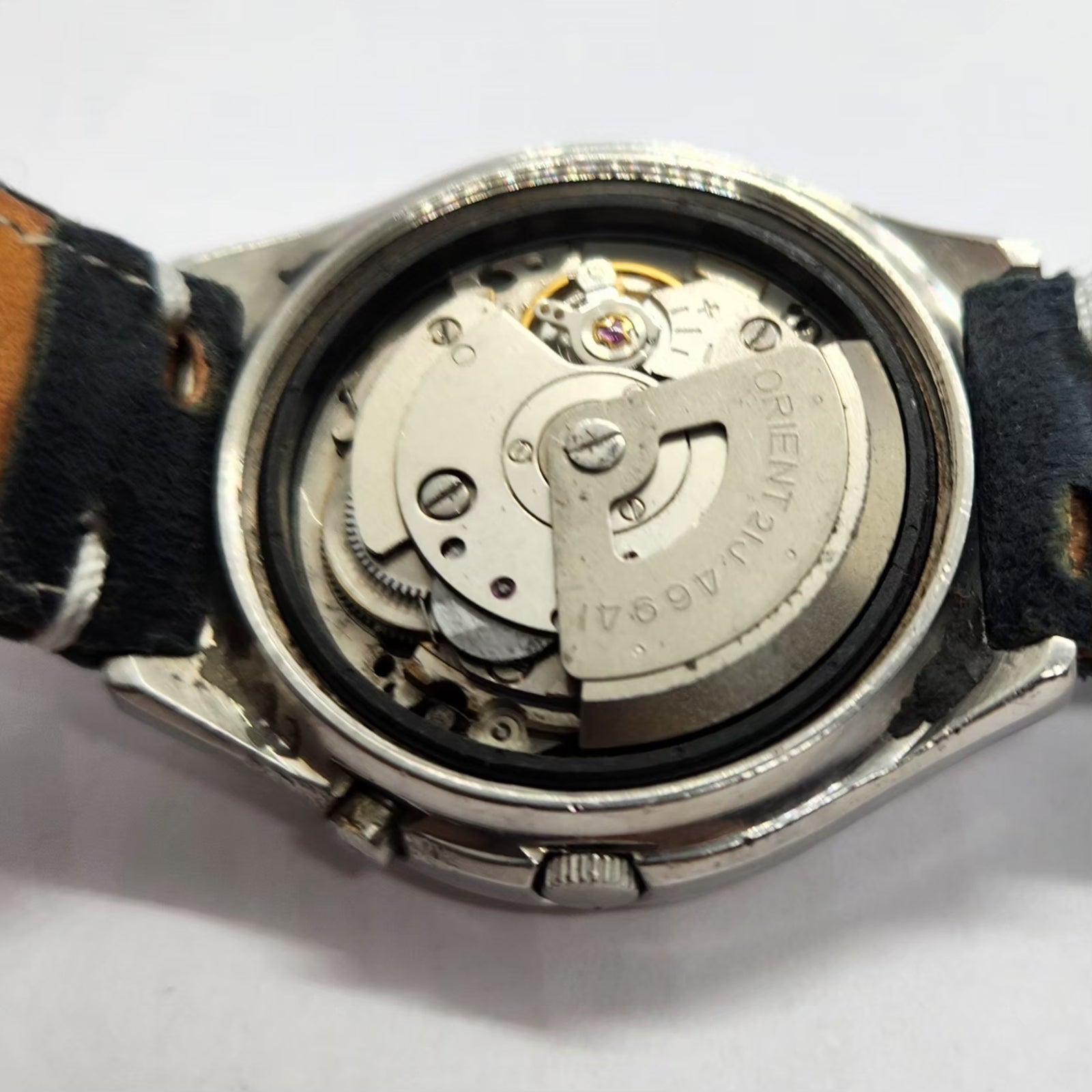Vintage Mod Orient Automatic 46941 21 Jewels Blue Face Day-Date Men's Wrist Watch OR08