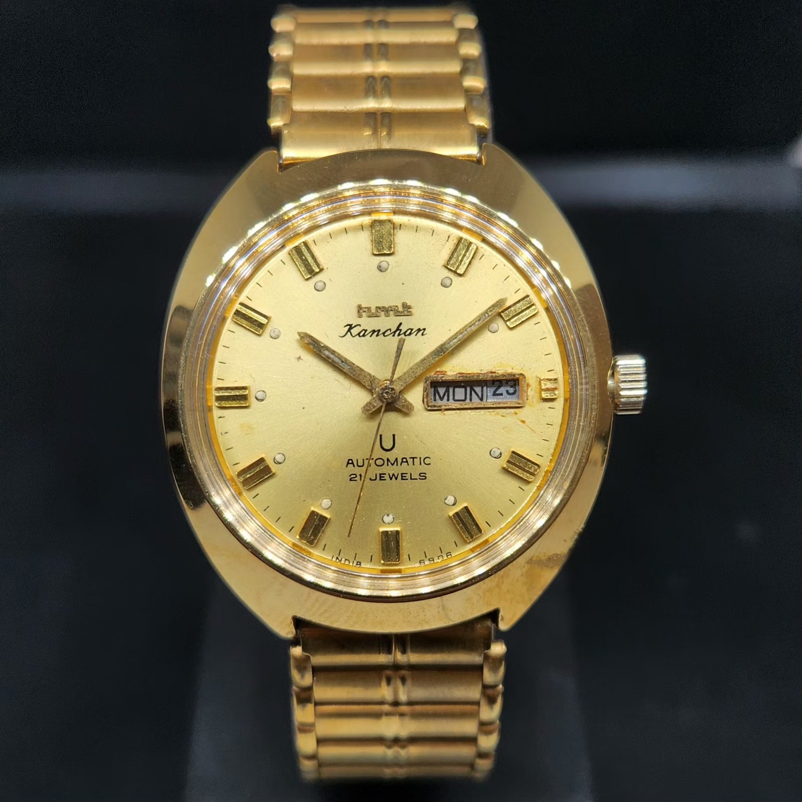 Vintage Mod HMT Kanchan Automatic 21 Jewels Glass back Gold Face Day-Date Men's Wrist Watch