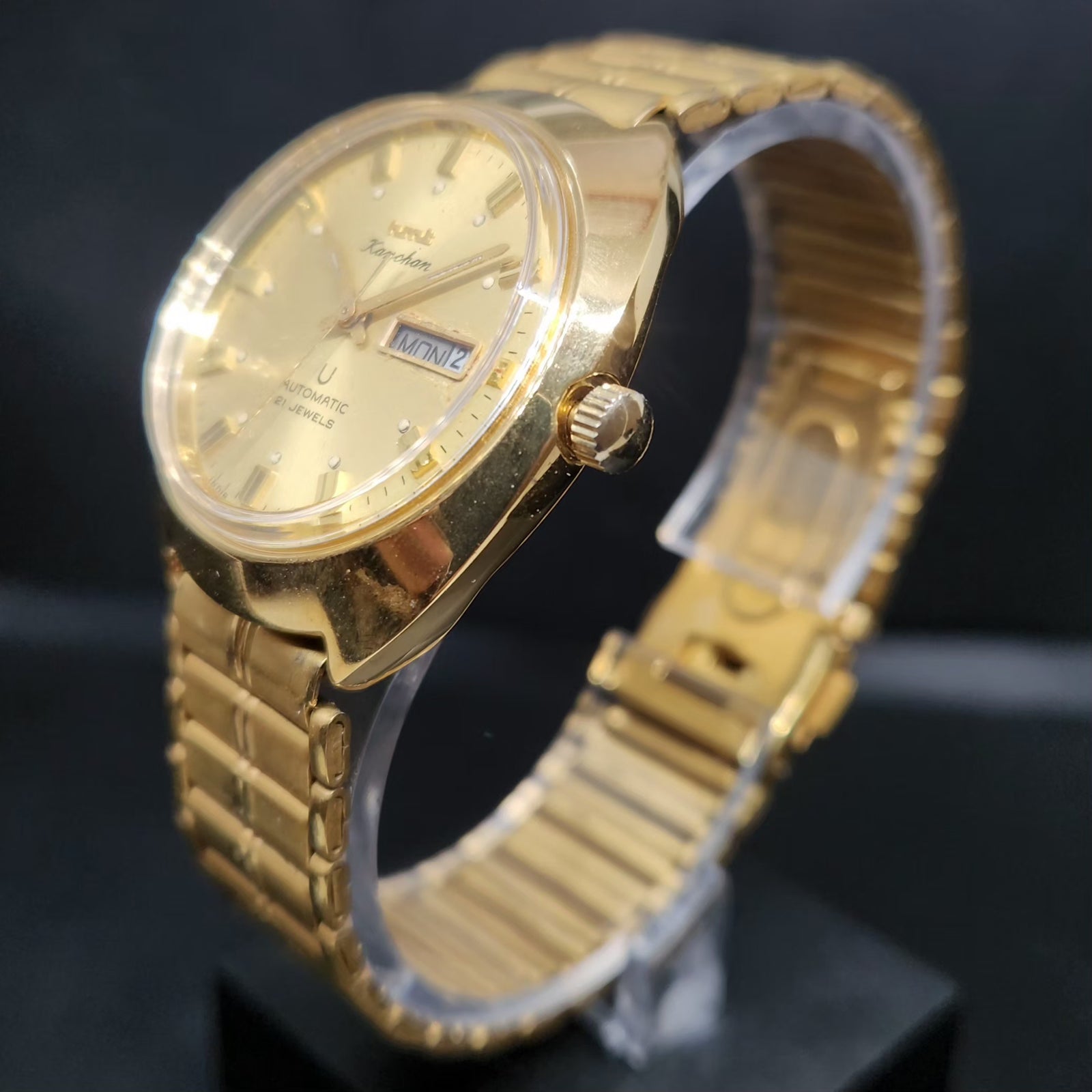 Vintage Mod HMT Kanchan Automatic 21 Jewels Glass back Gold Face Day-Date Men's Wrist Watch