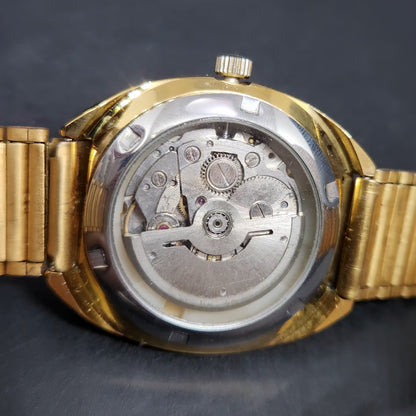 Vintage Mod HMT Kanchan Automatic 21 Jewels Glass back Gold Face Day-Date Men's Wrist Watch