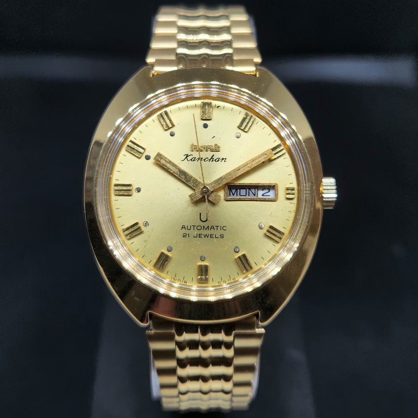 Vintage Mod HMT Kanchan Automatic 21 Jewels Glass back Gold Face Day-Date Men's Wrist Watch