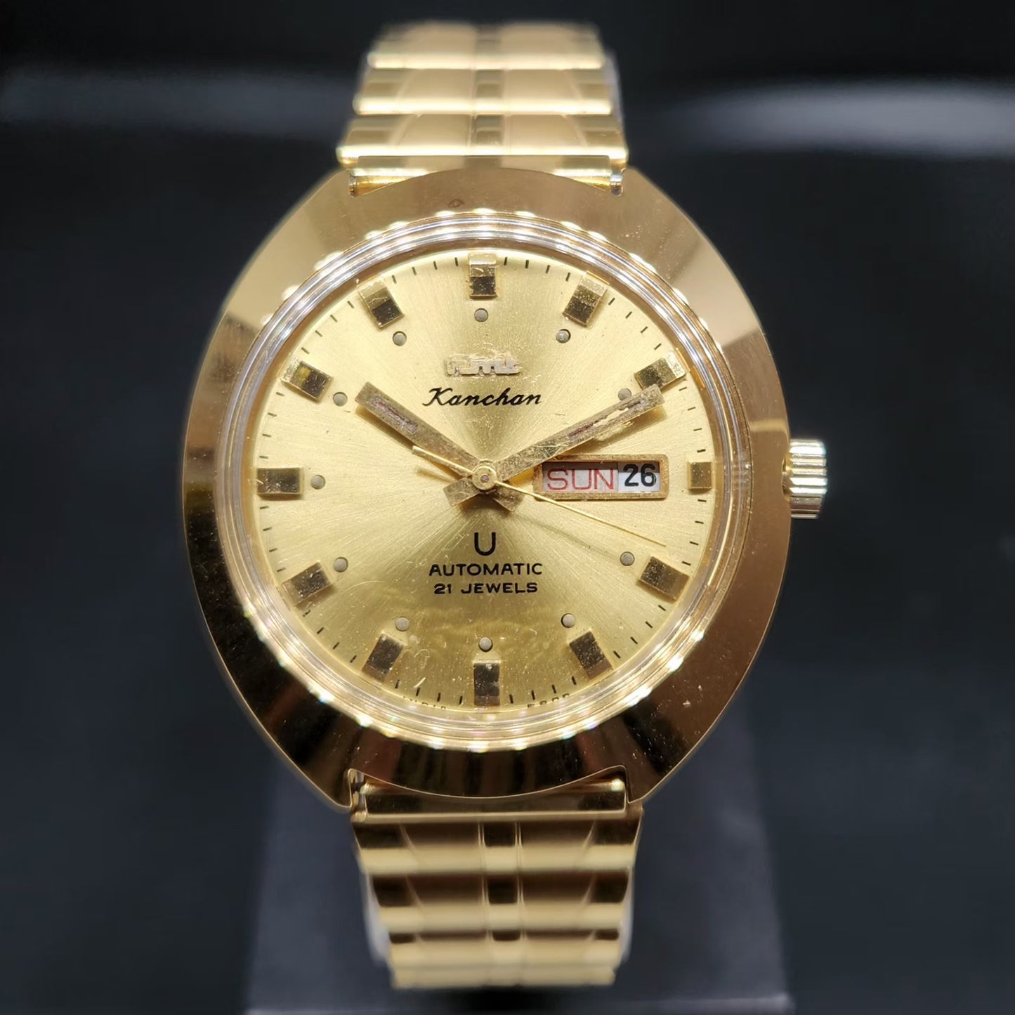 Vintage Mod HMT Kanchan Automatic 21 Jewels Glass back Gold Face Day-Date Men's Wrist Watch