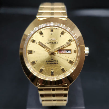 Vintage Mod HMT Kanchan Automatic 21 Jewels Glass back Gold Face Day-Date Men's Wrist Watch
