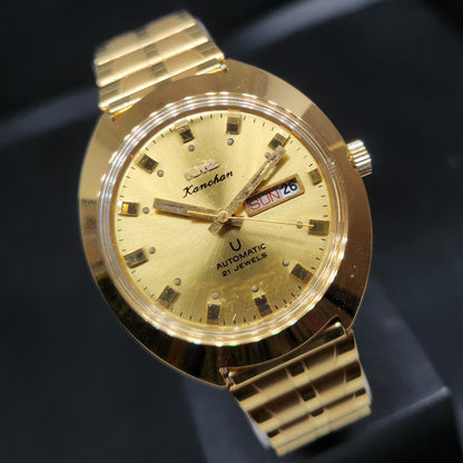 Vintage Mod HMT Kanchan Automatic 21 Jewels Glass back Gold Face Day-Date Men's Wrist Watch