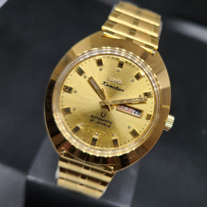 Vintage Mod HMT Kanchan Automatic 21 Jewels Glass back Gold Face Day-Date Men's Wrist Watch