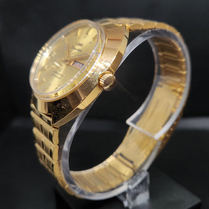 Vintage Mod HMT Kanchan Automatic 21 Jewels Glass back Gold Face Day-Date Men's Wrist Watch