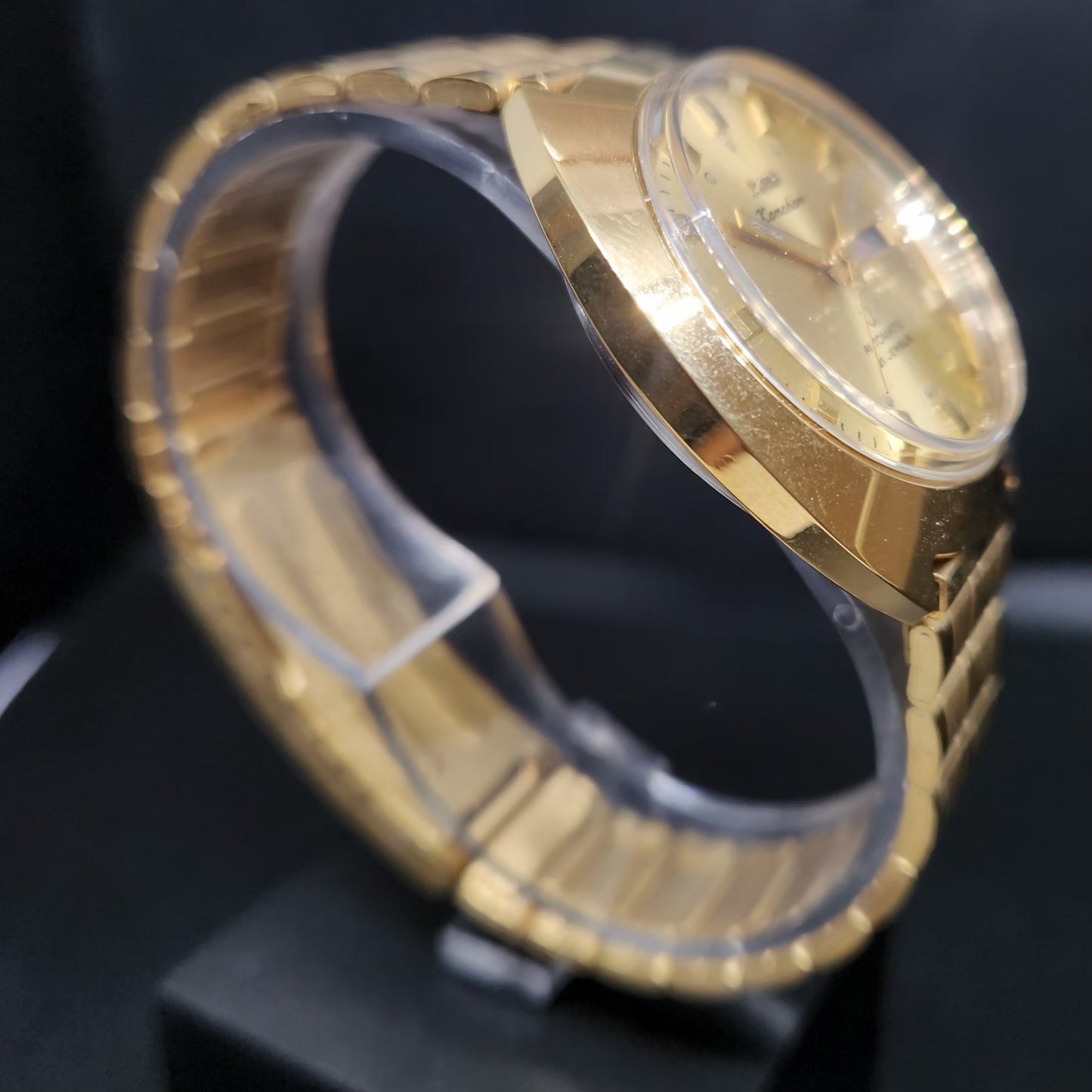 Vintage Mod HMT Kanchan Automatic 21 Jewels Glass back Gold Face Day-Date Men's Wrist Watch