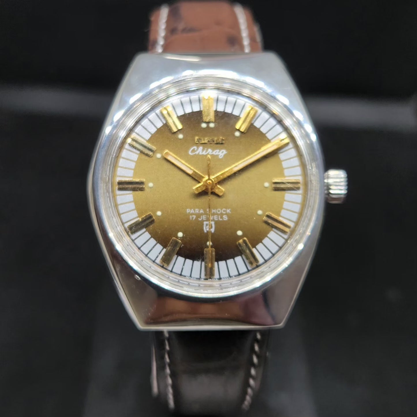 Vintage Original HMT Chirag Hand Winding 17 Jewels Brown Face Men's Wrist Watch HM59