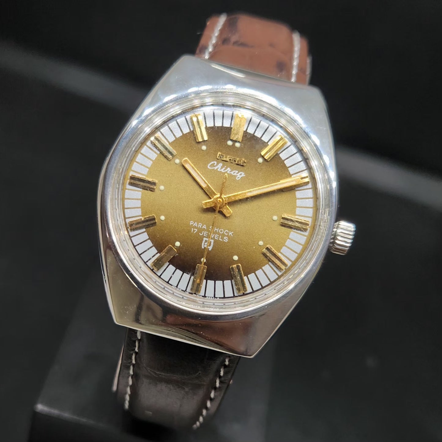 Vintage Original HMT Chirag Hand Winding 17 Jewels Brown Face Men's Wrist Watch HM59