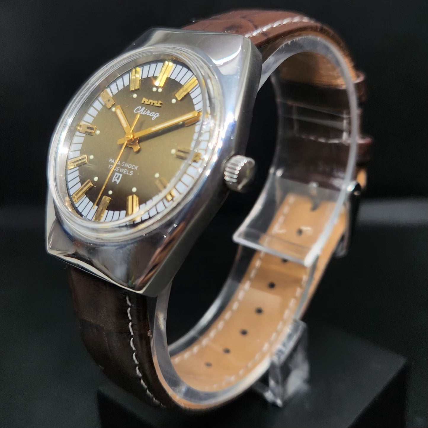 Vintage Original HMT Chirag Hand Winding 17 Jewels Brown Face Men's Wrist Watch HM59