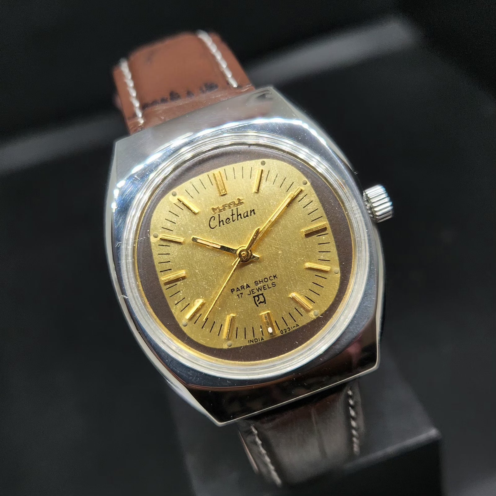 Vintage Original HMT Chethan Hand Winding 17 Jewels Gold Face Men's Wrist Watch HM65
