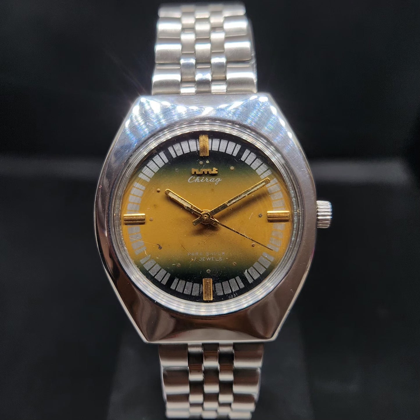 Vintage Original HMT Chirag Hand Winding 17 Jewels Gold Face Men's Wrist Watch HM77