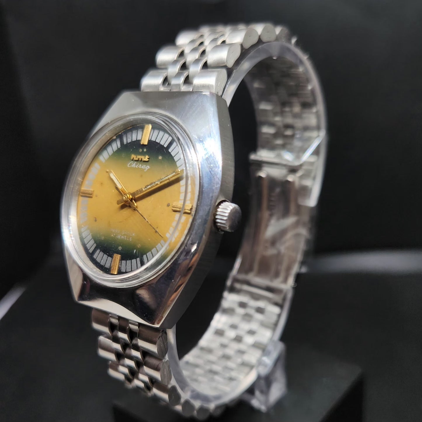 Vintage Original HMT Chirag Hand Winding 17 Jewels Gold Face Men's Wrist Watch HM77