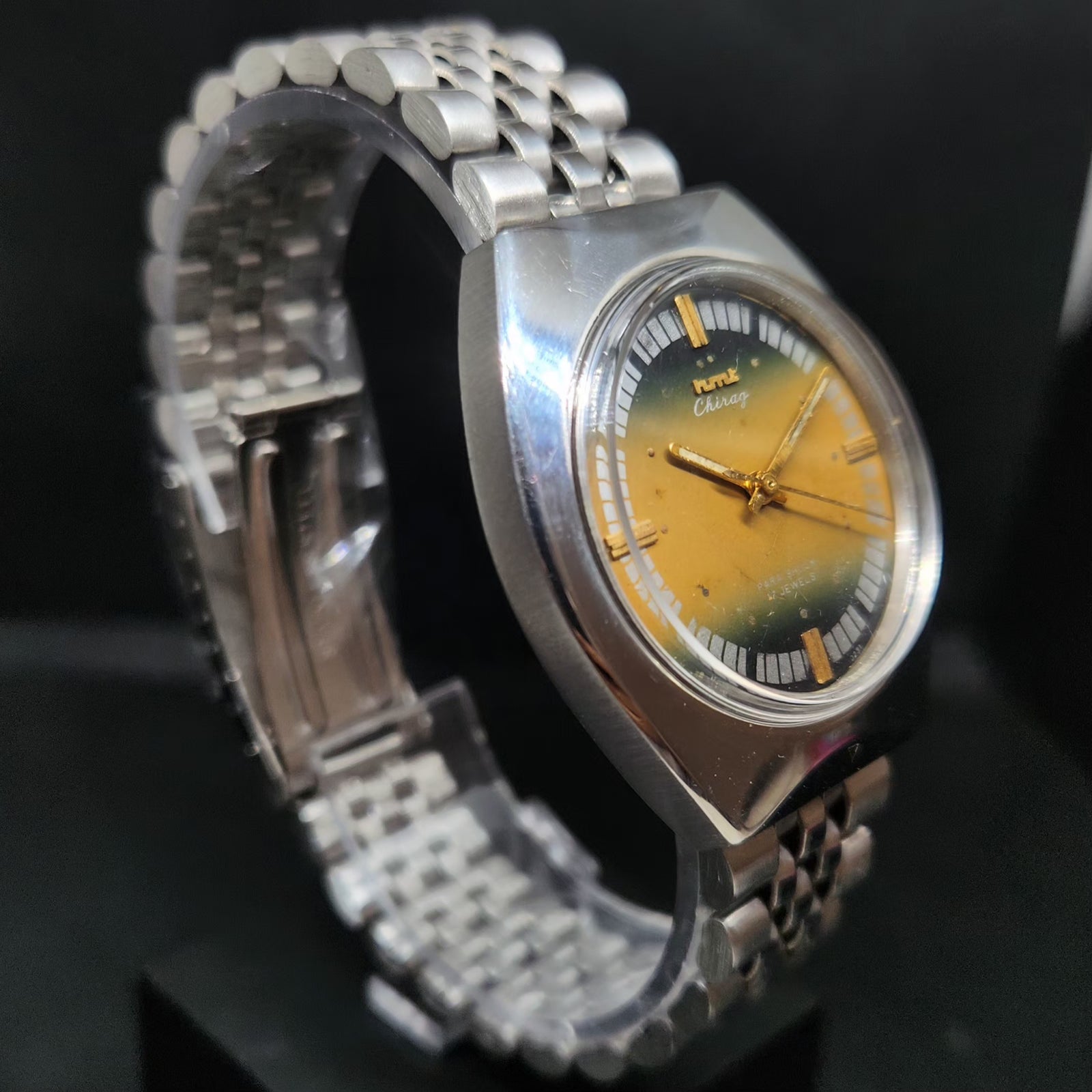 Vintage Original HMT Chirag Hand Winding 17 Jewels Gold Face Men's Wrist Watch HM77