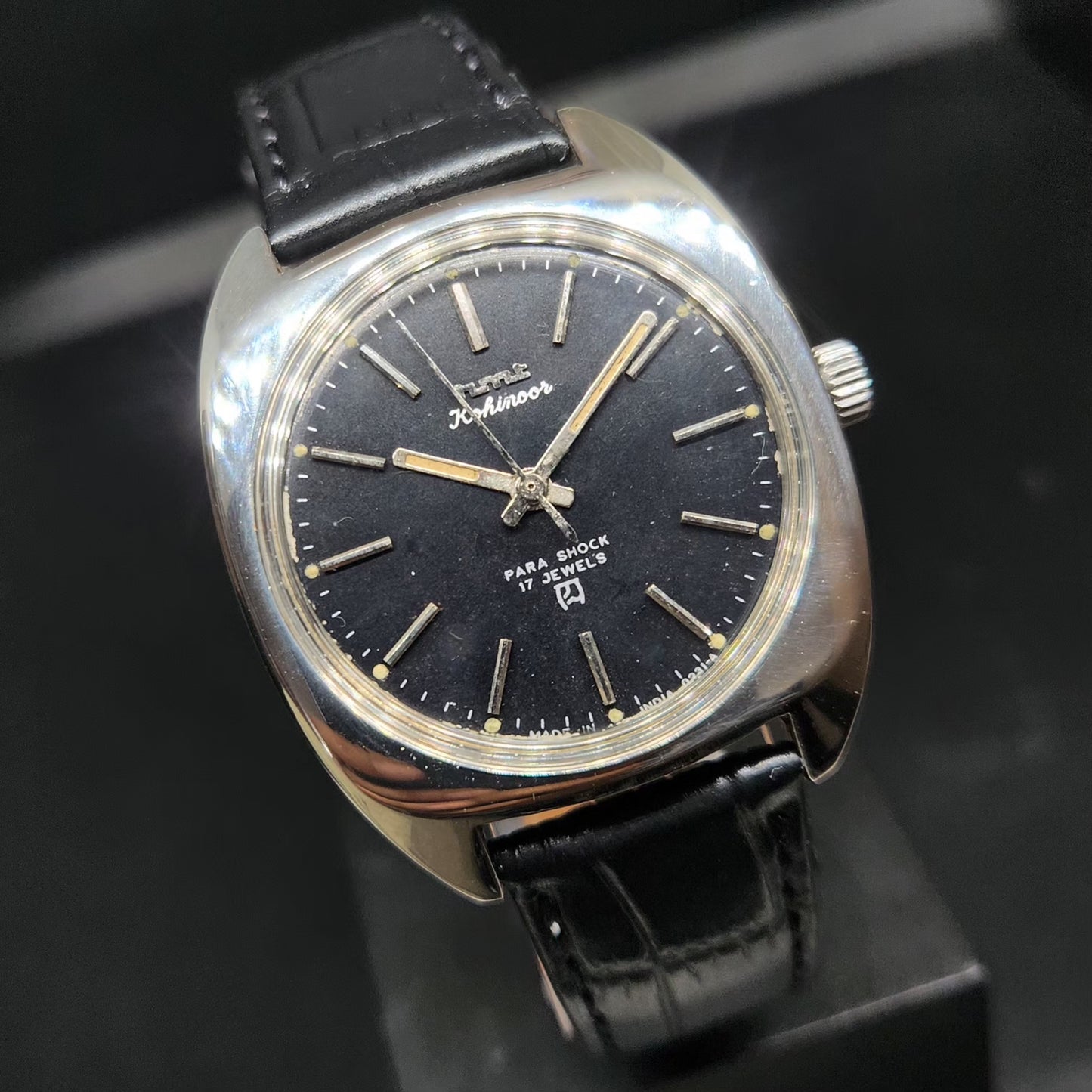 Vintage Original HMT Kohinoor Hand Winding 17 Jewels Black Face Men's Wrist Watch HM92