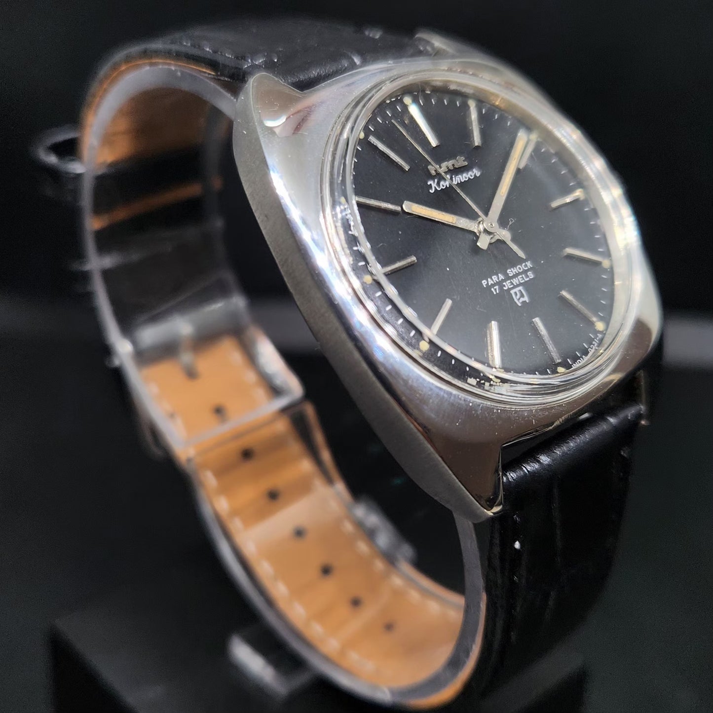 Vintage Original HMT Kohinoor Hand Winding 17 Jewels Black Face Men's Wrist Watch HM92