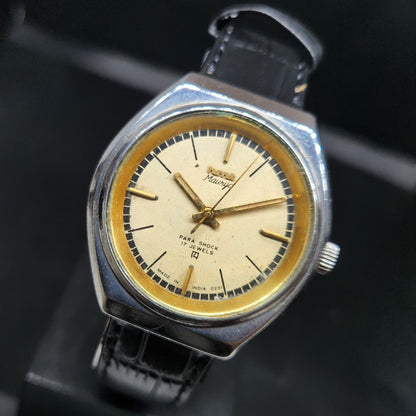 Vintage Original HMT Maurya Hand Winding 17 Jewels Gold Face Men's Wrist Watch HM103