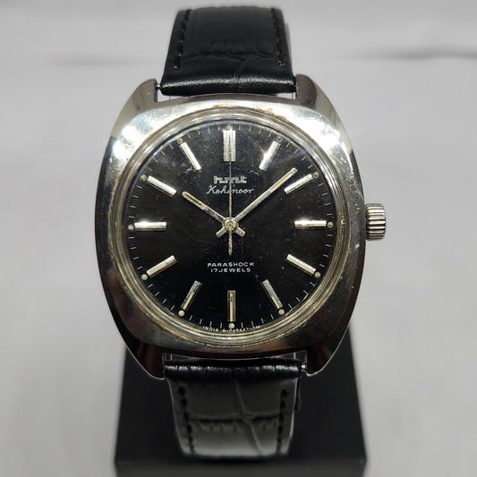 Vintage Original HMT Kohinoor Hand Winding 17 Jewels Black Face Men's Wrist Watch HM113