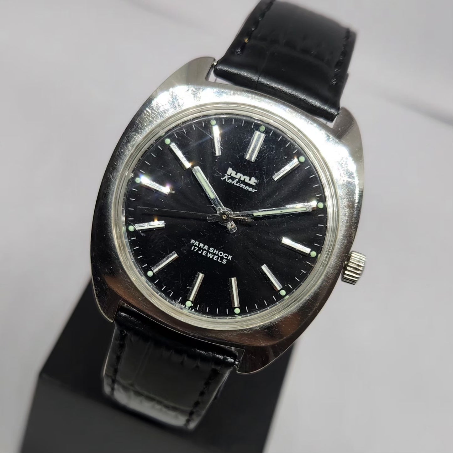 Vintage Original HMT Kohinoor Hand Winding 17 Jewels Black Face Men's Wrist Watch HM114