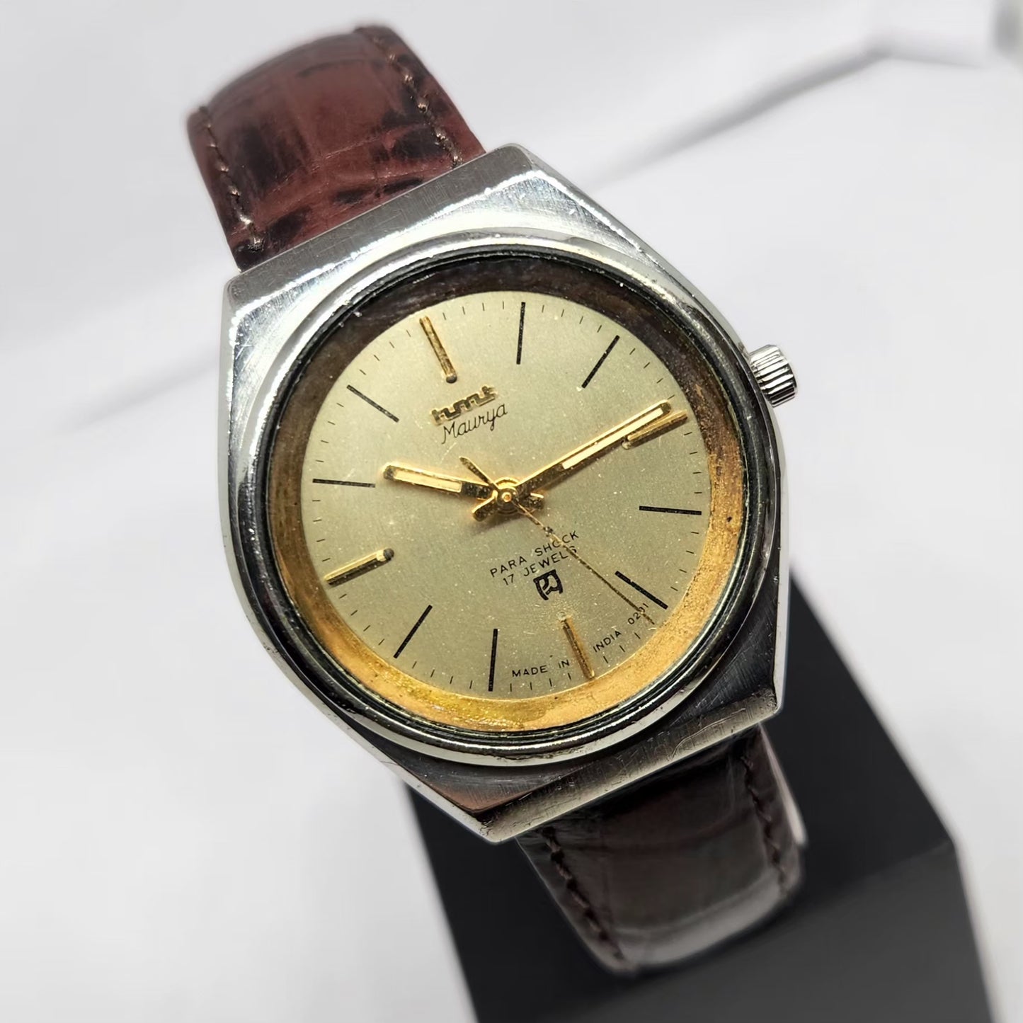Vintage Original HMT Maurya Hand Winding 17 Jewels Gold Face Men's Wrist Watch HM123