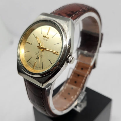 Vintage Original HMT Maurya Hand Winding 17 Jewels Gold Face Men's Wrist Watch HM123