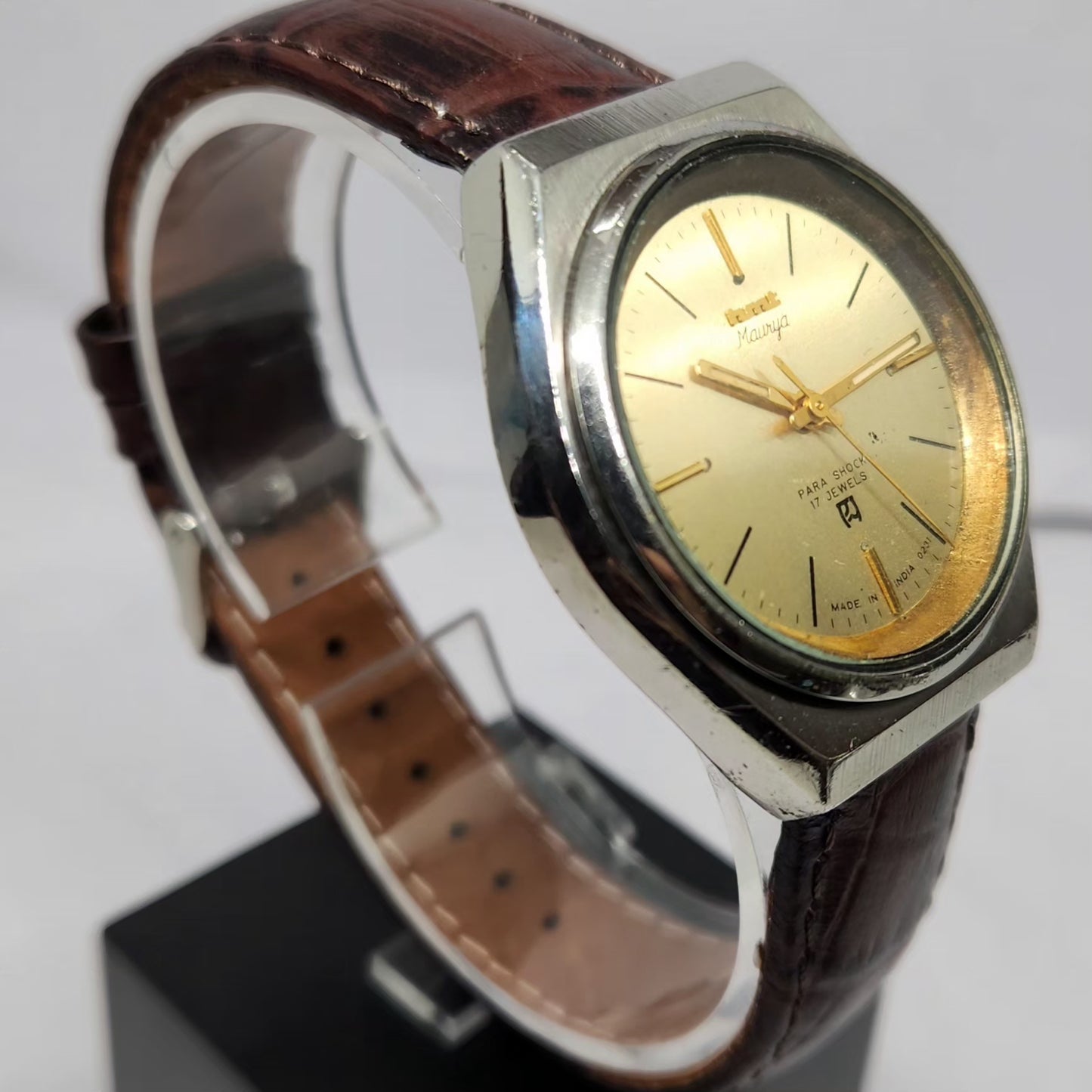 Vintage Original HMT Maurya Hand Winding 17 Jewels Gold Face Men's Wrist Watch HM123