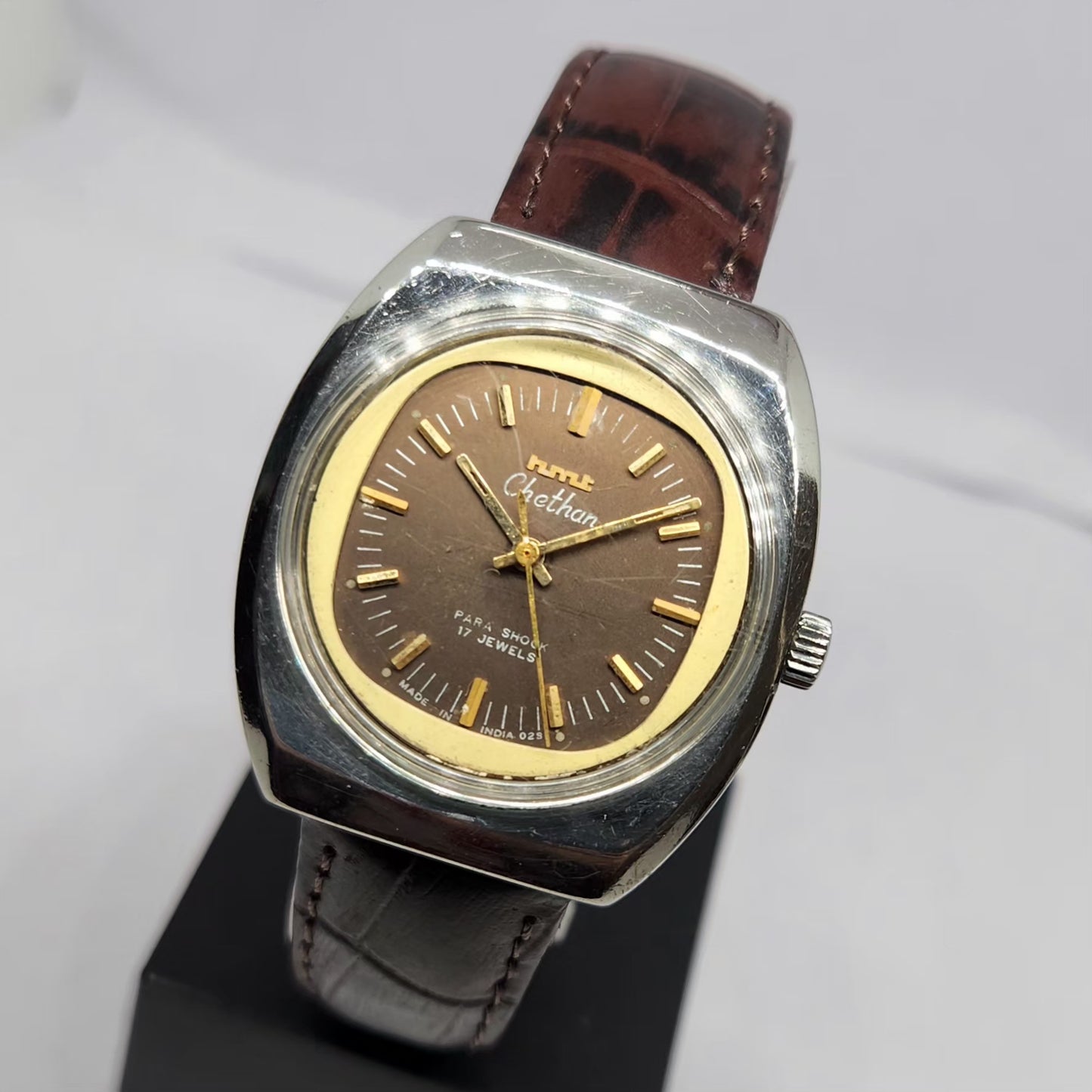 Vintage Original HMT Chethan Hand Winding 17 Jewels Brown Face Men's Wrist Watch HM128