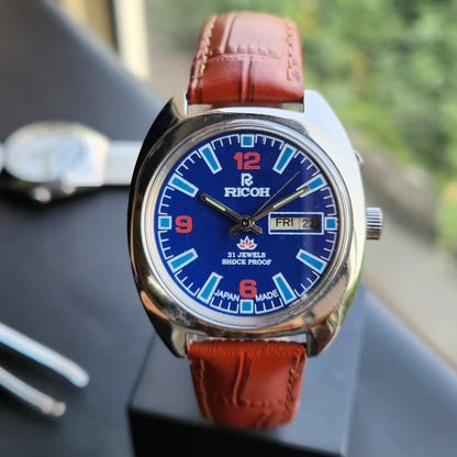 Vintage Ricoh R31 Automatic Blue Face New Strap 21 Jewels Day-Date Men's Wrist Watch R93