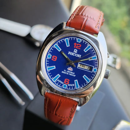 Vintage Ricoh R31 Automatic Blue Face New Strap 21 Jewels Day-Date Men's Wrist Watch R93